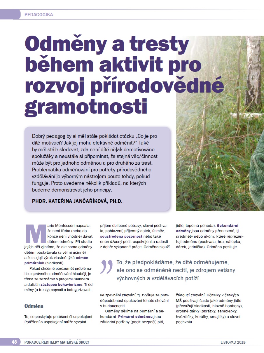 Odměny a tresty během aktivit pro rozvoj přírodovědné gramotnosti